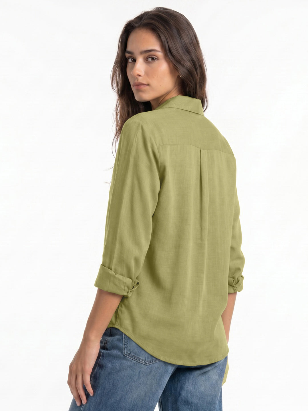 Women's Light Olive Lyocell Full Sleeve Relaxed Fit Casual Solid Shirt with V-Neck Collar
