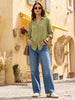Women's Light Olive Lyocell Full Sleeve Relaxed Fit Casual Solid Shirt with V-Neck Collar