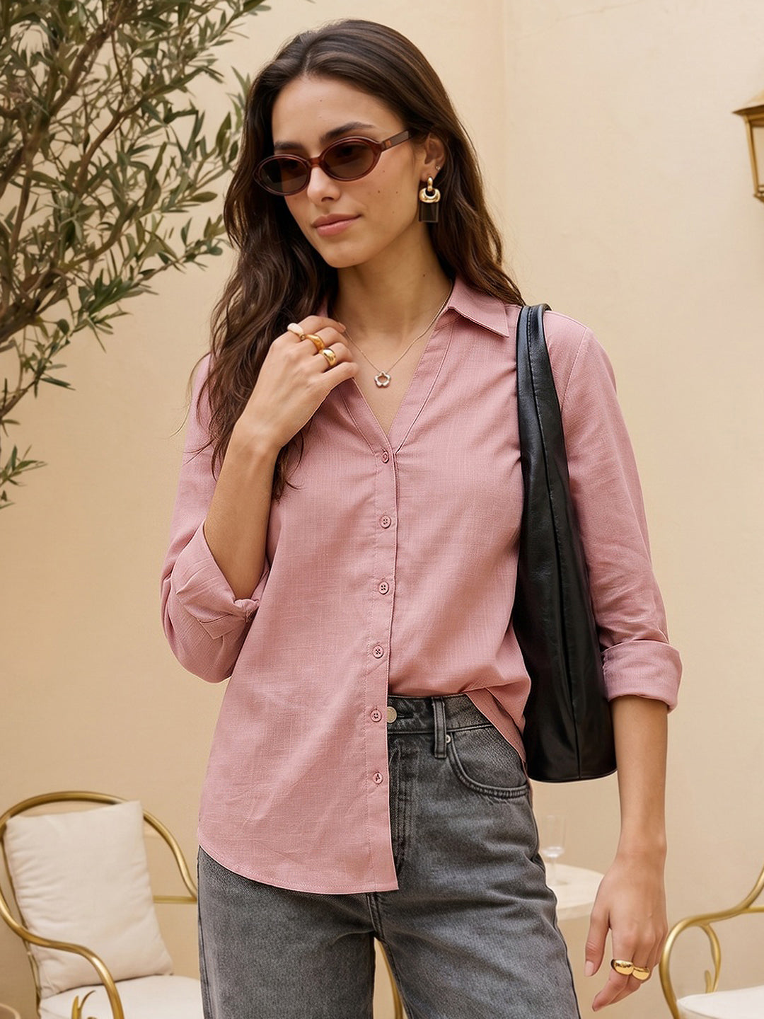 Women's Pink Lyocell Full Sleeve Relaxed Fit Casual Solid Shirt with V-Neck Collar