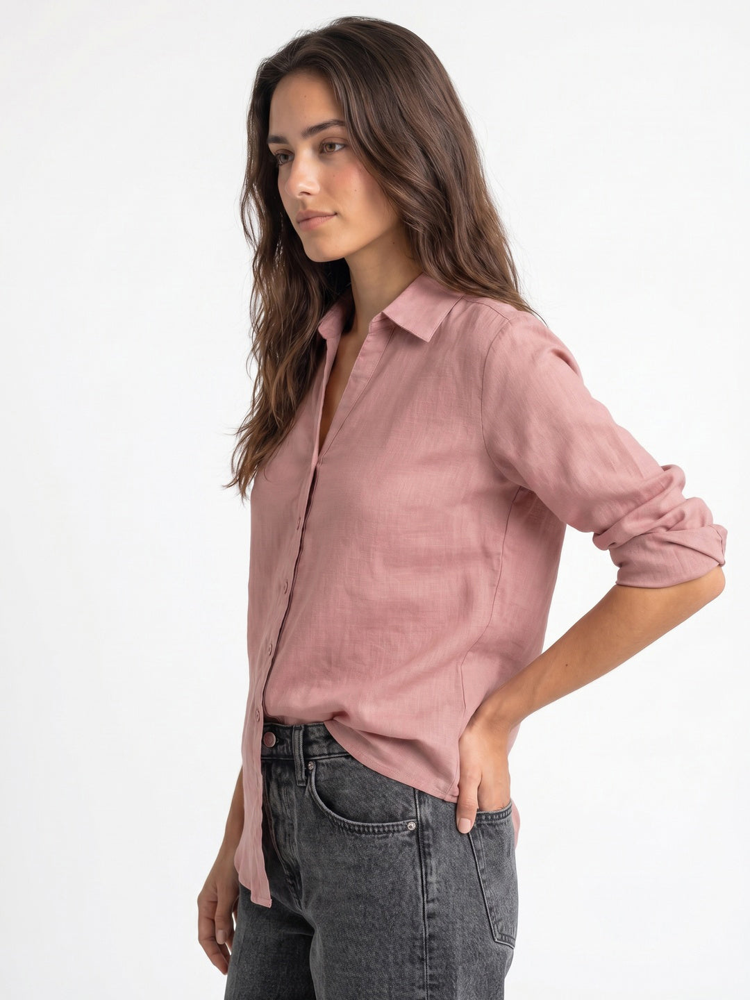 Women's Pink Lyocell Full Sleeve Relaxed Fit Casual Solid Shirt with V-Neck Collar
