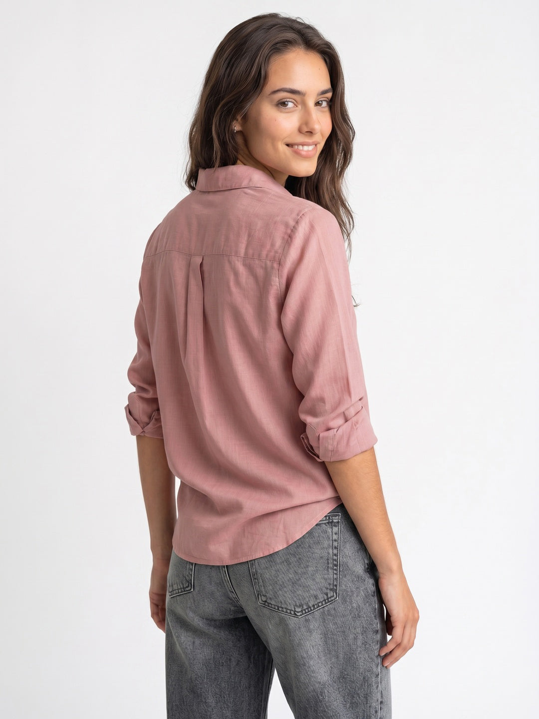 Women's Pink Lyocell Full Sleeve Relaxed Fit Casual Solid Shirt with V-Neck Collar