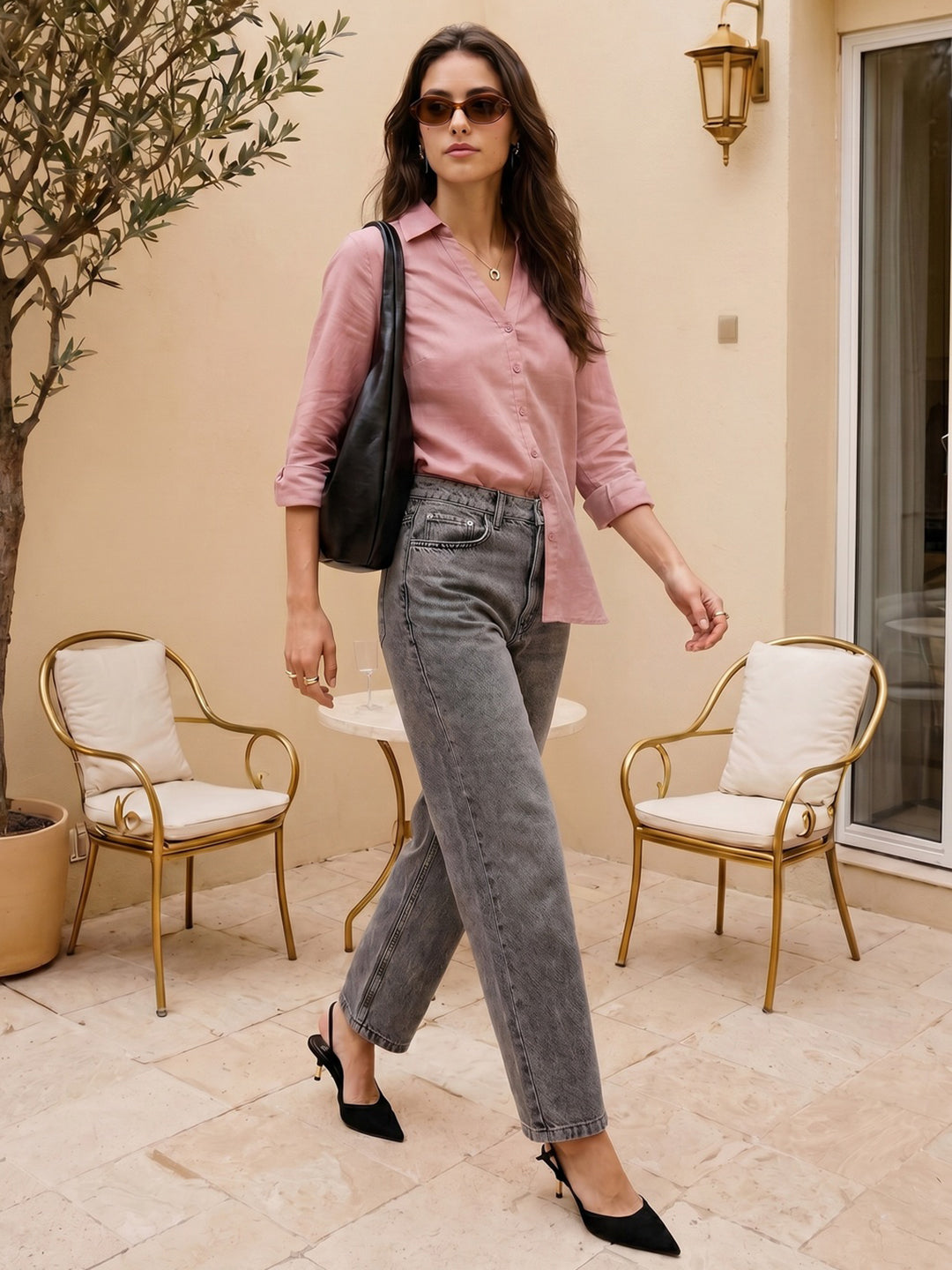 Women's Pink Lyocell Full Sleeve Relaxed Fit Casual Solid Shirt with V-Neck Collar