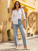Women's White Lyocell Full Sleeve Relaxed Fit Casual Solid Shirt with V-Neck Collar