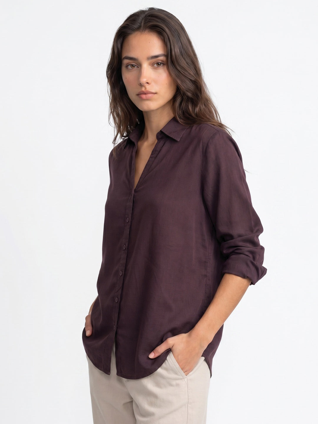 Women's Wine Lyocell Full Sleeve Relaxed Fit Casual Solid Shirt with V-Neck Collar
