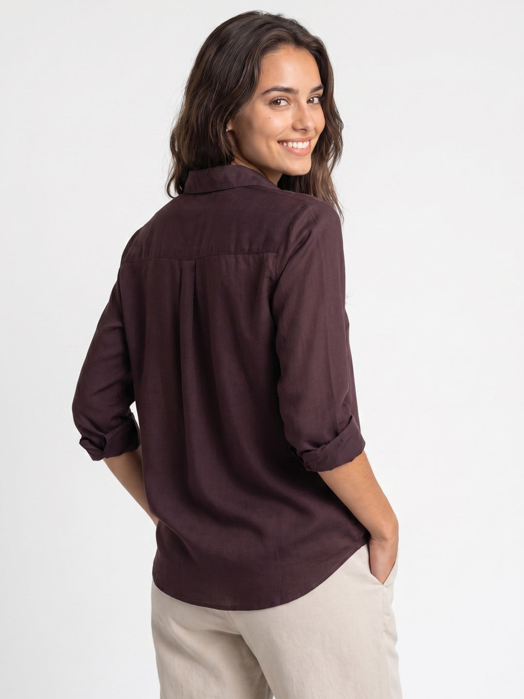 Women's Wine Lyocell Full Sleeve Relaxed Fit Casual Solid Shirt with V-Neck Collar