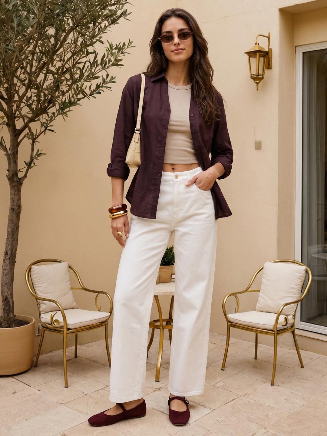 Women's Wine Lyocell Full Sleeve Relaxed Fit Casual Solid Shirt with V-Neck Collar