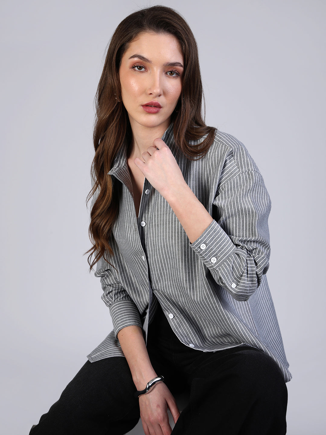 Women's Grey Cotton Full Sleeve Oversized Fit Casual Striped Shirt with Spread Collar