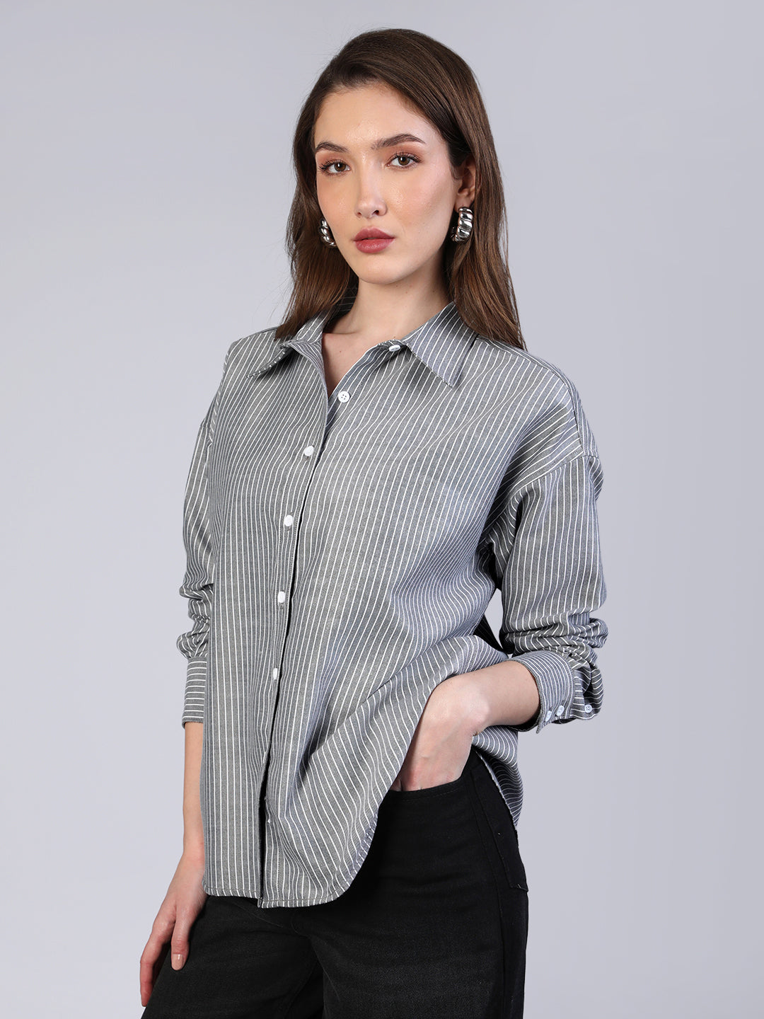 Women's Grey Cotton Full Sleeve Oversized Fit Casual Striped Shirt with Spread Collar