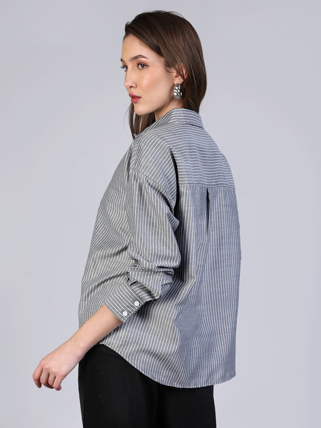 Women's Grey Cotton Full Sleeve Oversized Fit Casual Striped Shirt with Spread Collar
