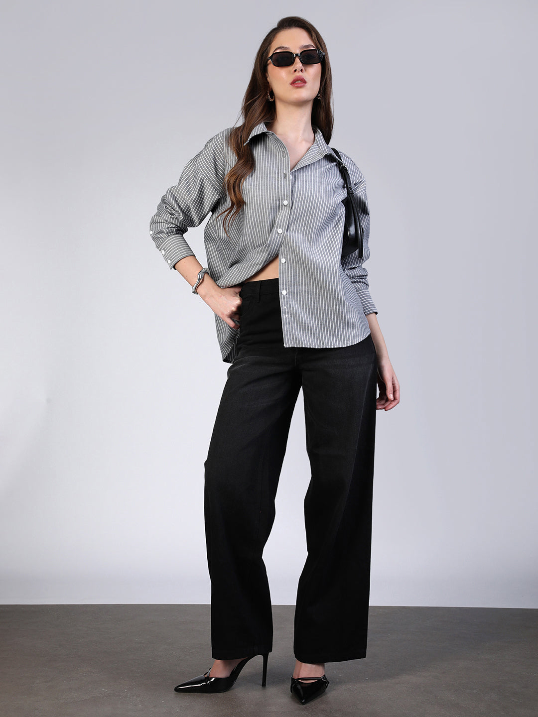 Women's Grey Cotton Full Sleeve Oversized Fit Casual Striped Shirt with Spread Collar