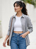 Women's Grey Cotton Full Sleeve Oversized Fit Casual Striped Shirt with Spread Collar