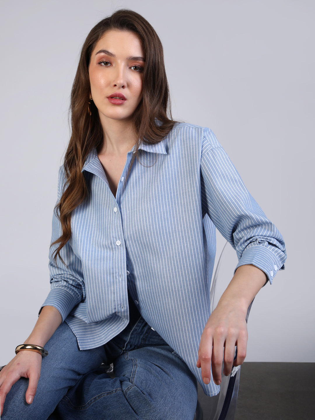 Women's Light Blue Cotton Full Sleeve Oversized Fit Casual Striped Shirt with Spread Collar