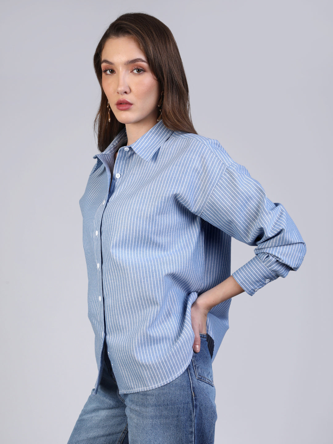 Women's Light Blue Cotton Full Sleeve Oversized Fit Casual Striped Shirt with Spread Collar