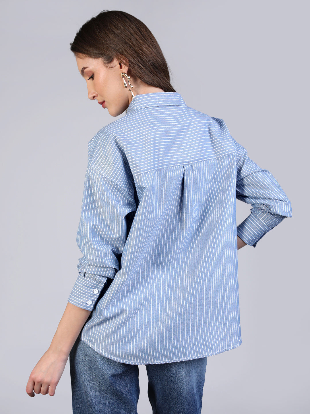 Women's Light Blue Cotton Full Sleeve Oversized Fit Casual Striped Shirt with Spread Collar