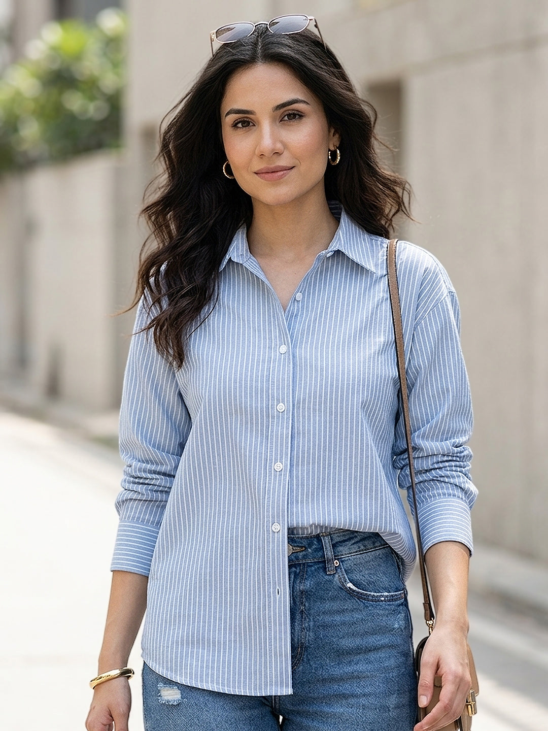 Women's Light Blue Cotton Full Sleeve Oversized Fit Casual Striped Shirt with Spread Collar