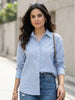 Women's Light Blue Cotton Full Sleeve Oversized Fit Casual Striped Shirt with Spread Collar