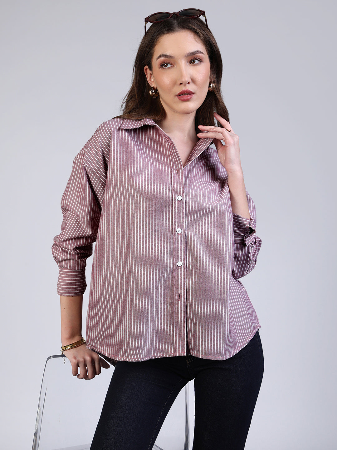 Women's Purple Cotton Full Sleeve Oversized Fit Casual Striped Shirt with Spread Collar