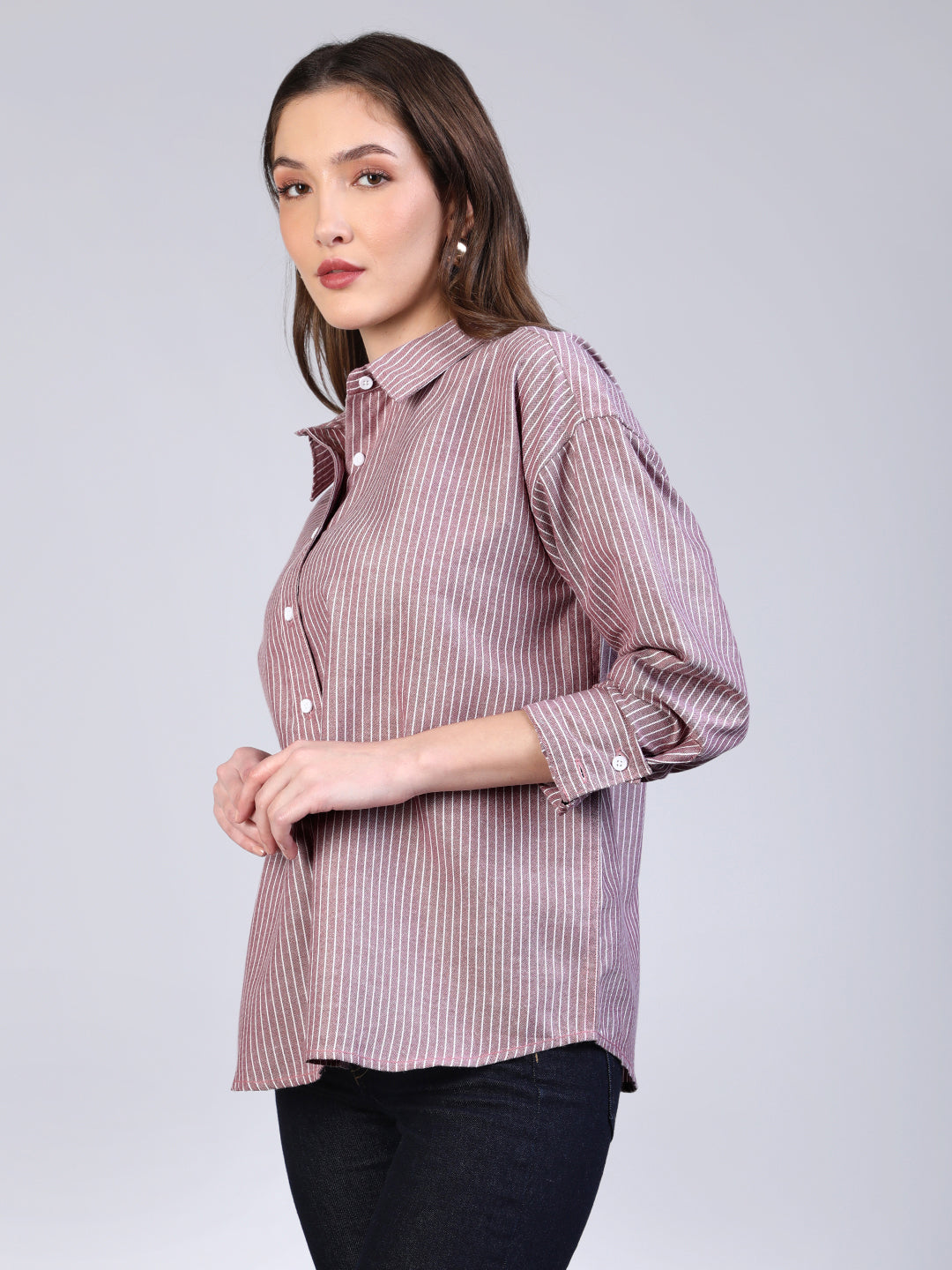 Women's Purple Cotton Full Sleeve Oversized Fit Casual Striped Shirt with Spread Collar