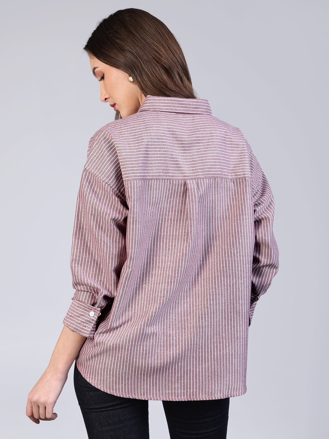 Women's Purple Cotton Full Sleeve Oversized Fit Casual Striped Shirt with Spread Collar