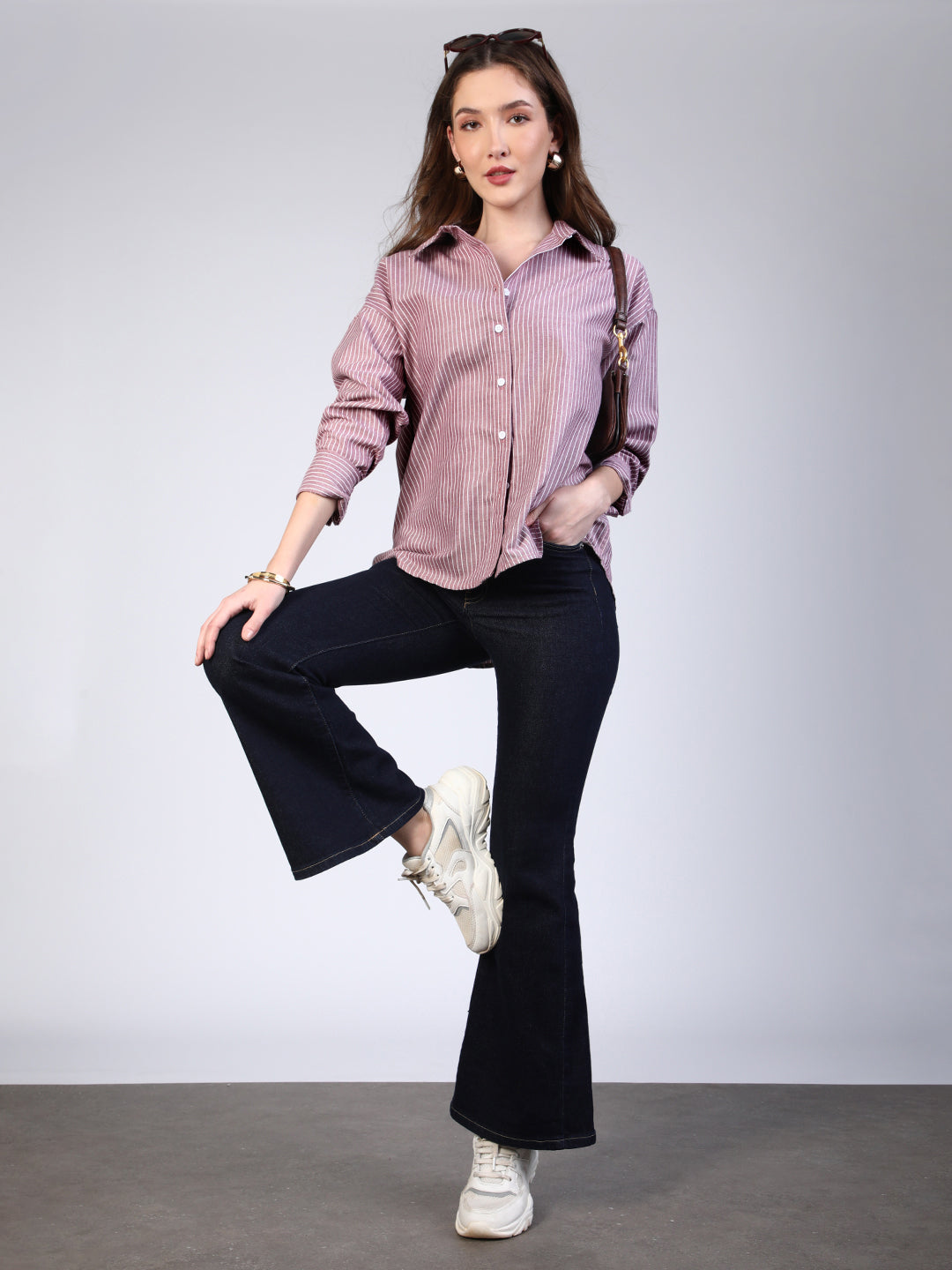 Women's Purple Cotton Full Sleeve Oversized Fit Casual Striped Shirt with Spread Collar