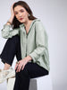 Women's Mint Cotton Full Sleeve Oversized Fit Casual Striped Shirt with Spread Collar