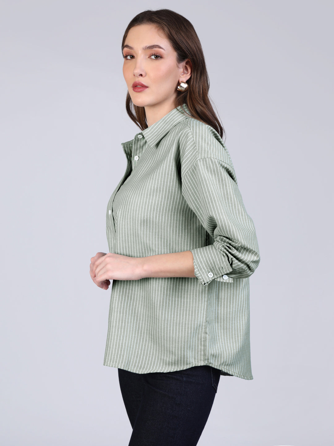 Women's Mint Cotton Full Sleeve Oversized Fit Casual Striped Shirt with Spread Collar