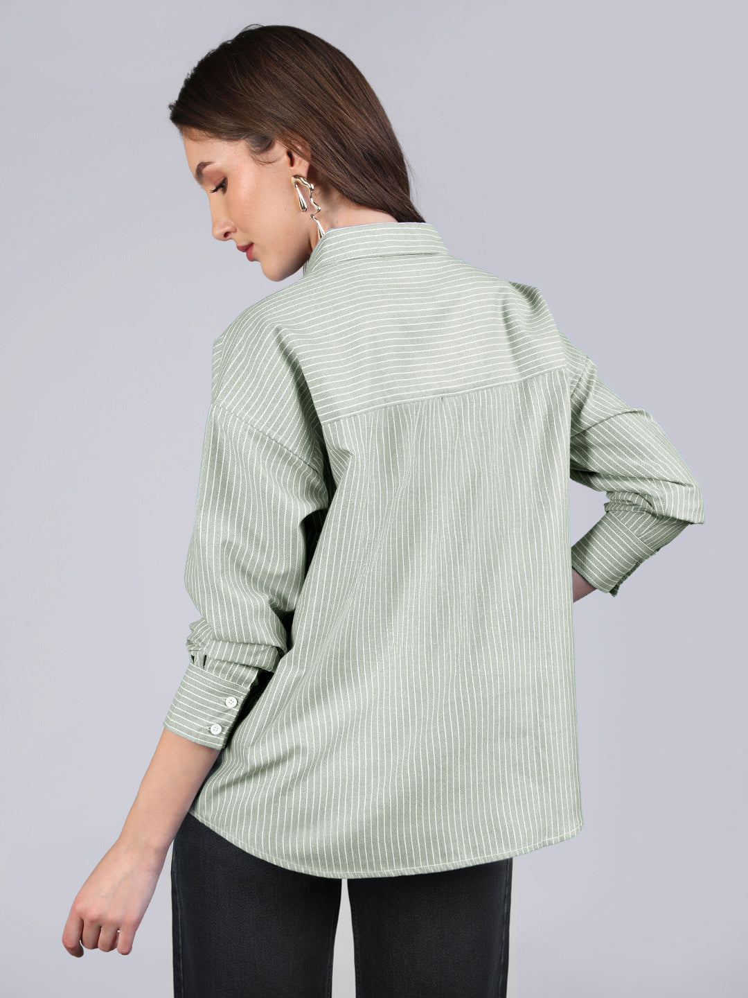 Women's Mint Cotton Full Sleeve Oversized Fit Casual Striped Shirt with Spread Collar