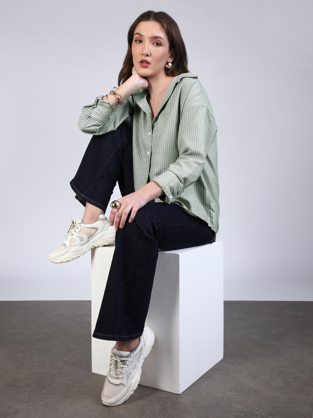 Women's Mint Cotton Full Sleeve Oversized Fit Casual Striped Shirt with Spread Collar