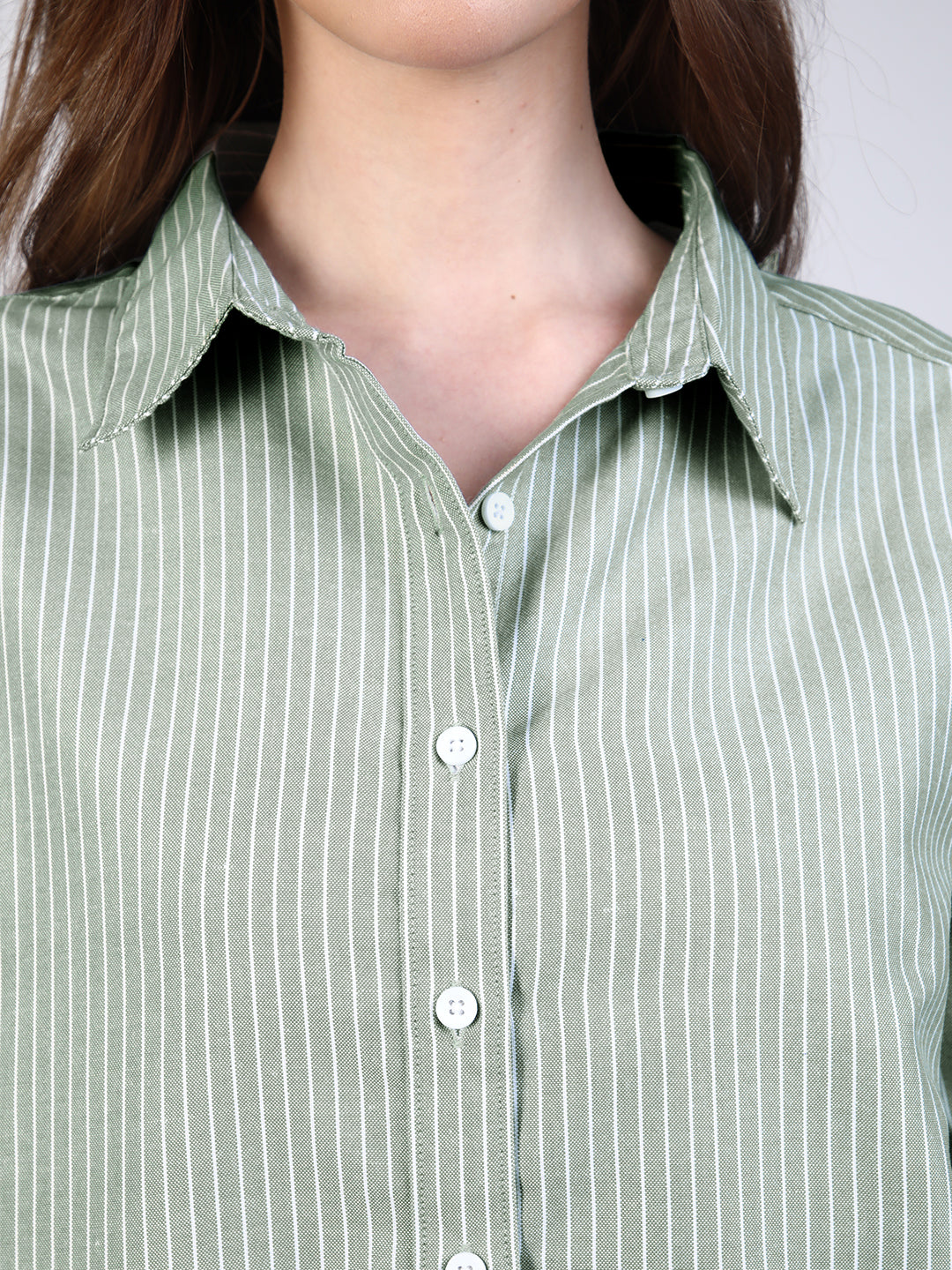 Women's Mint Cotton Full Sleeve Oversized Fit Casual Striped Shirt with Spread Collar