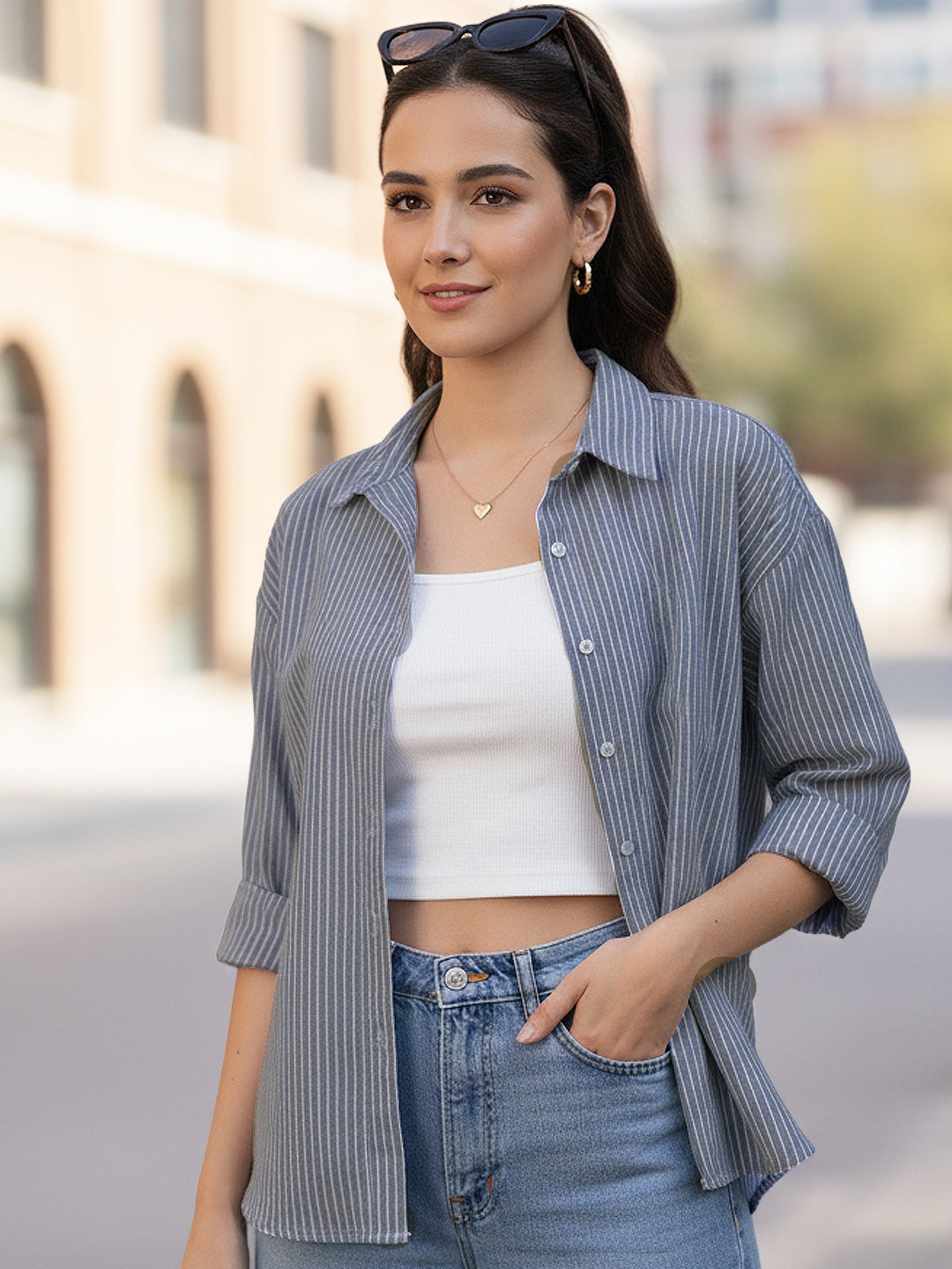 Women's Navy Cotton Full Sleeve Oversized Fit Casual Striped Shirt with Spread Collar