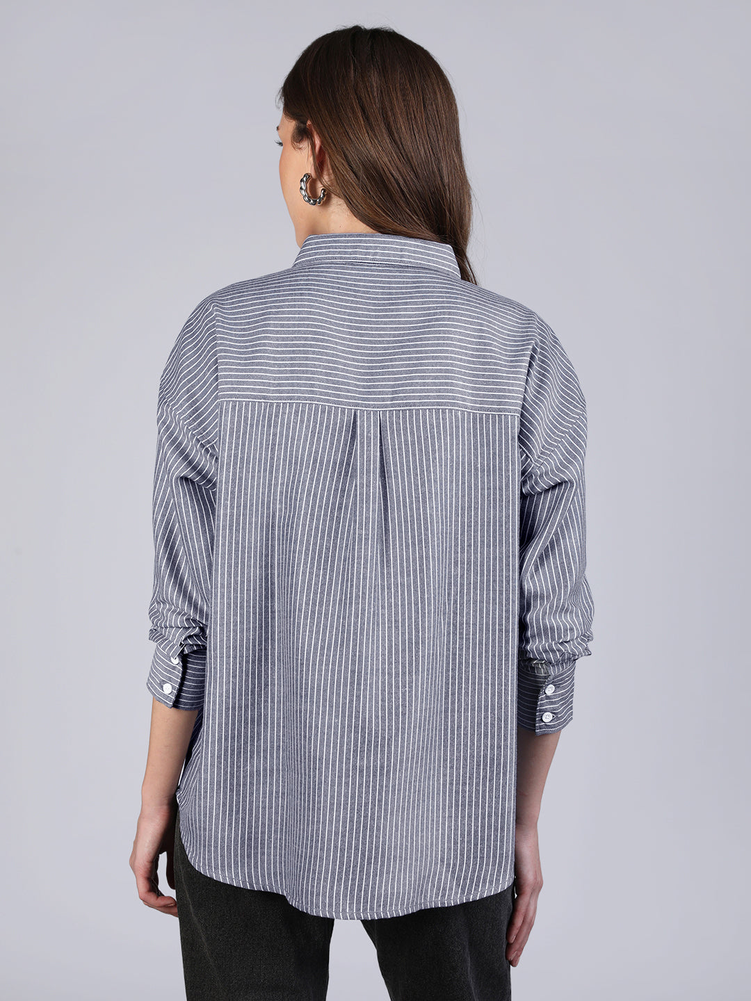 Women's Navy Cotton Full Sleeve Oversized Fit Casual Striped Shirt with Spread Collar