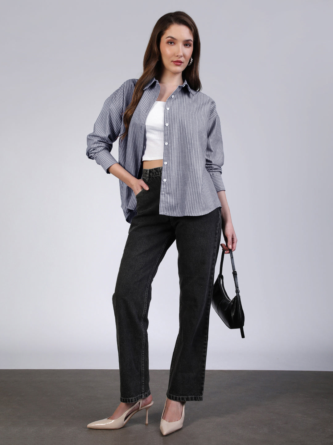 Women's Navy Cotton Full Sleeve Oversized Fit Casual Striped Shirt with Spread Collar