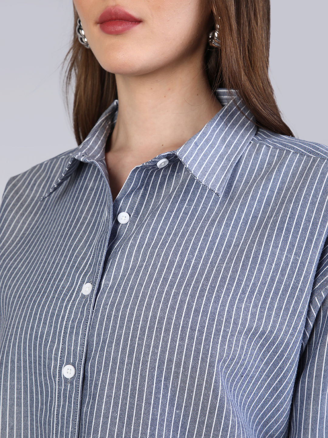 Women's Navy Cotton Full Sleeve Oversized Fit Casual Striped Shirt with Spread Collar