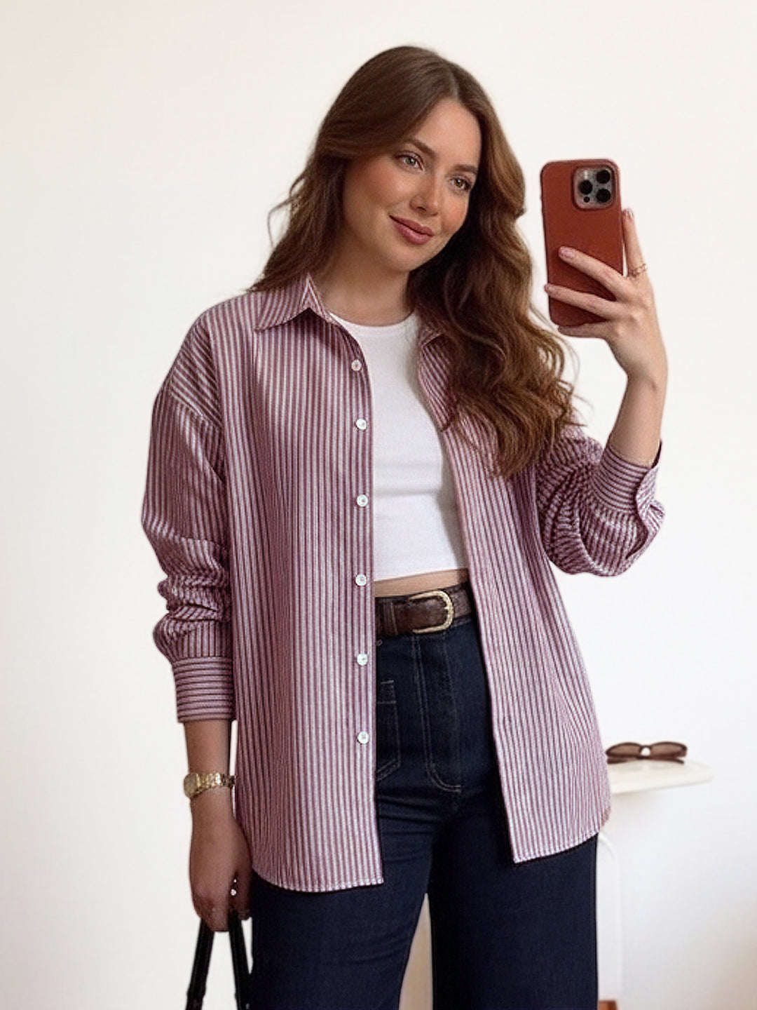 Women's Purple Cotton Full Sleeve Oversized Fit Casual Striped Shirt with Spread Collar
