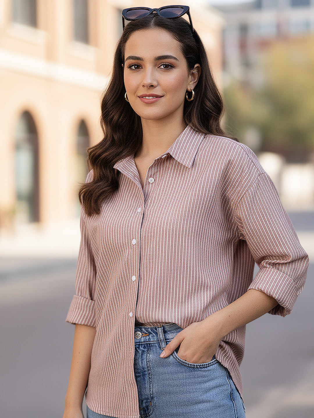 Women's Tan Cotton Full Sleeve Oversized Fit Casual Striped Shirt with Spread Collar