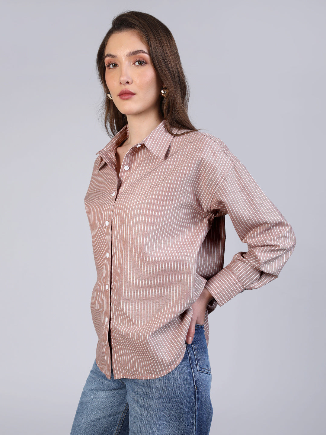 Women's Tan Cotton Full Sleeve Oversized Fit Casual Striped Shirt with Spread Collar