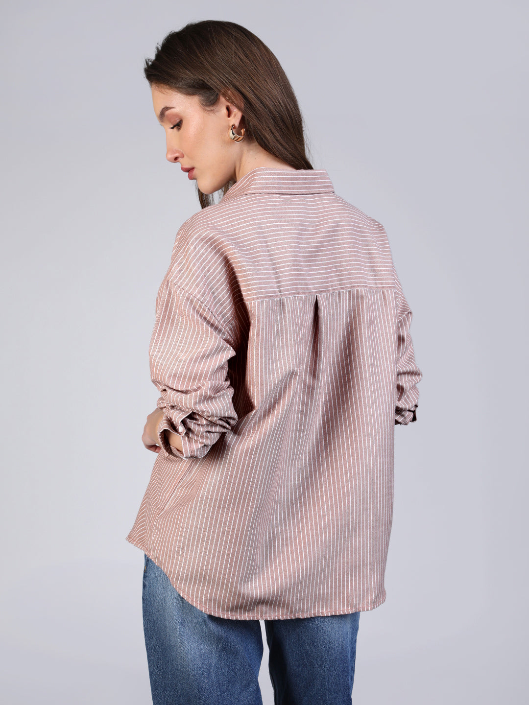 Women's Tan Cotton Full Sleeve Oversized Fit Casual Striped Shirt with Spread Collar