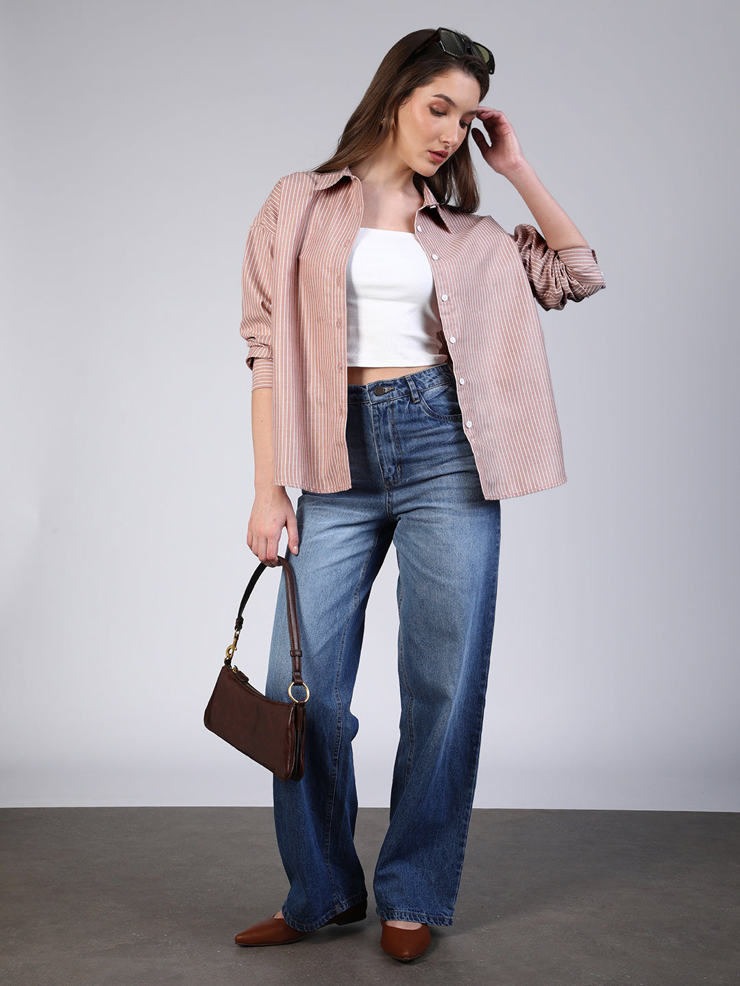 Women's Tan Cotton Full Sleeve Oversized Fit Casual Striped Shirt with Spread Collar