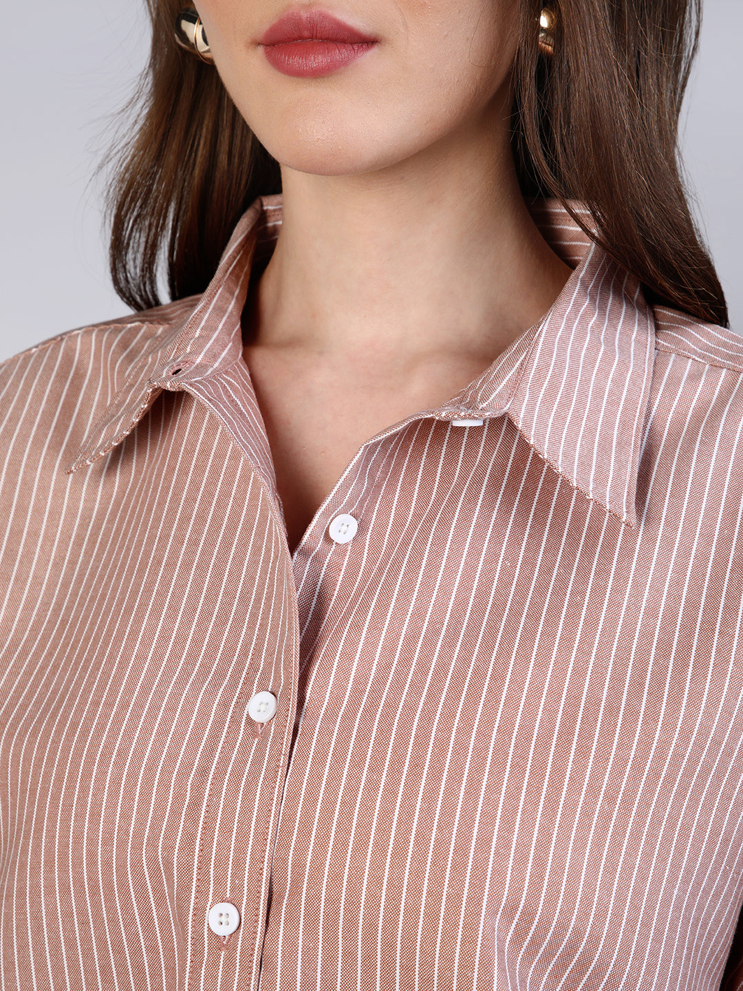 Women's Tan Cotton Full Sleeve Oversized Fit Casual Striped Shirt with Spread Collar