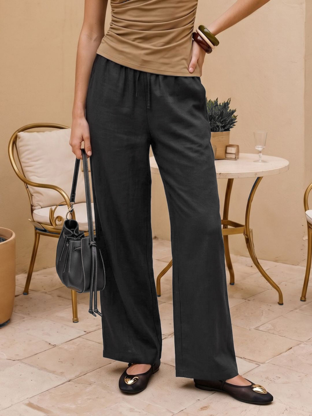Women's Black Loose Fit Solid Linen Blend Trousers with Drawstring Closure
