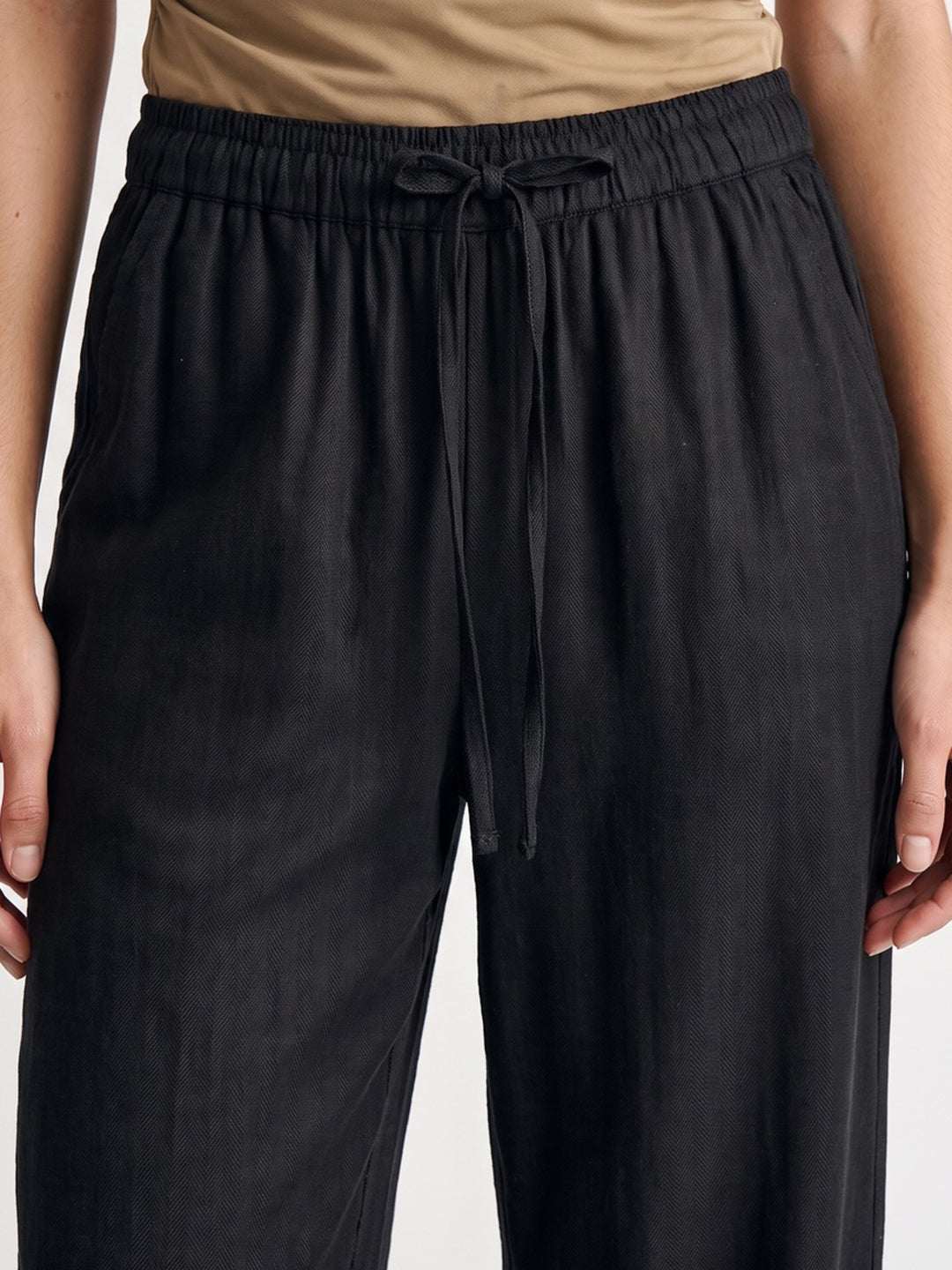 Women's Black Loose Fit Solid Linen Blend Trousers with Drawstring Closure