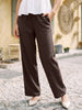 Women's Brown Loose Fit Solid Linen Blend Trousers with Drawstring Closure