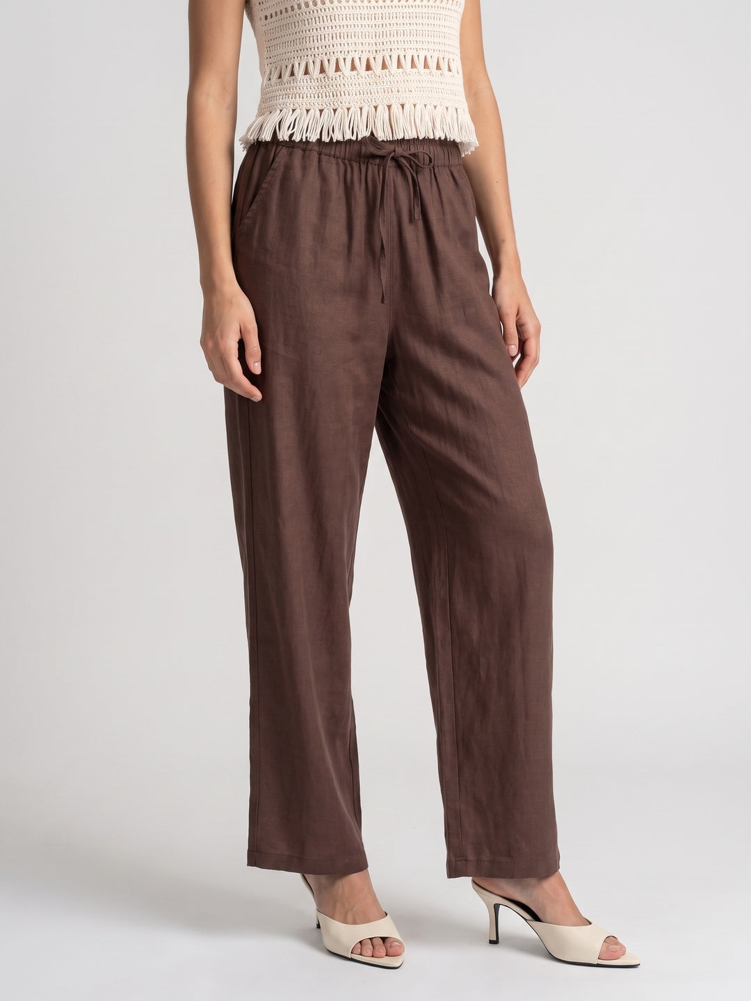 Women's Chocolate Loose Fit Solid Linen Trousers with Drawstring Closure