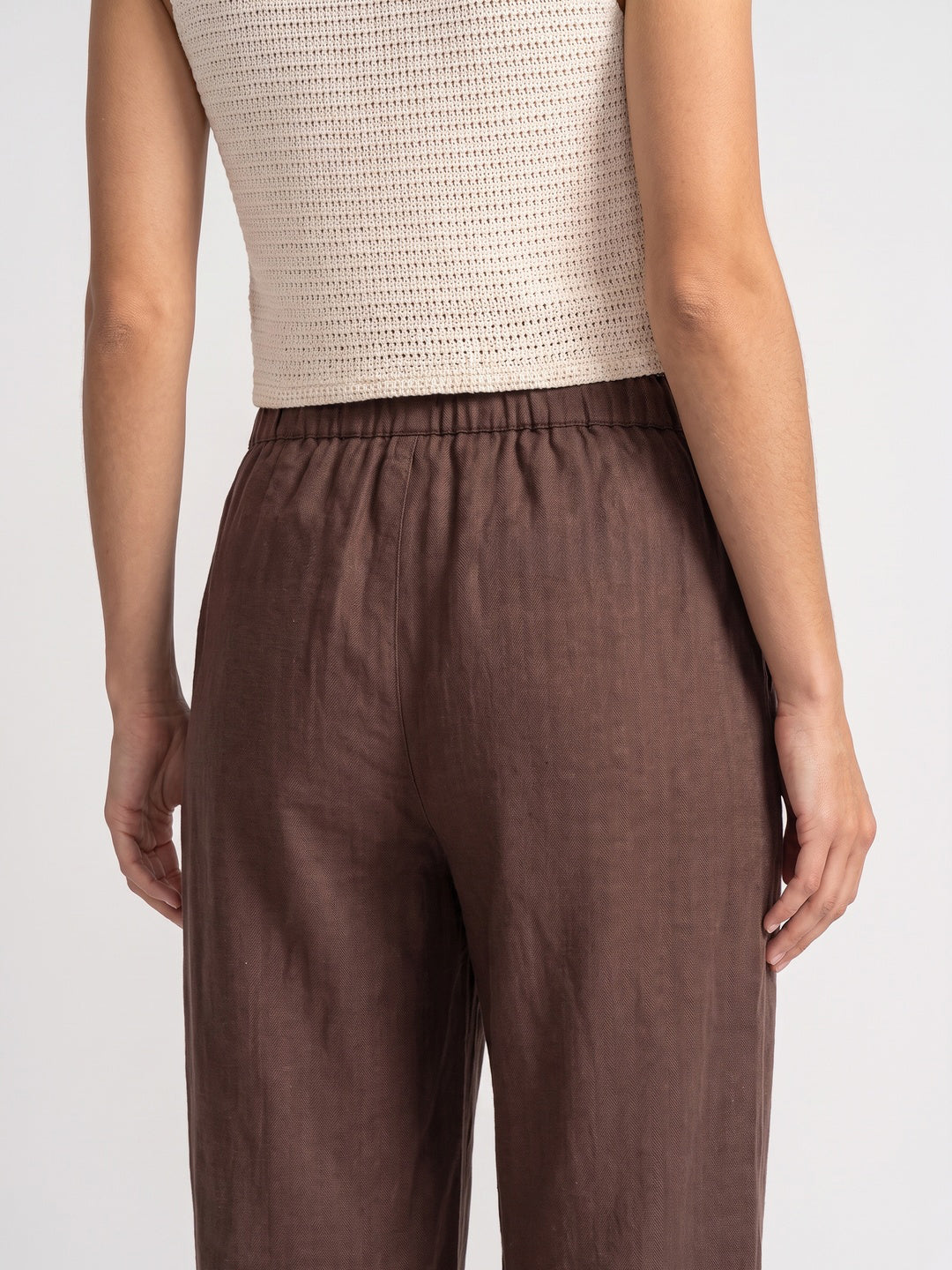 Women's Chocolate Loose Fit Solid Linen Trousers with Drawstring Closure