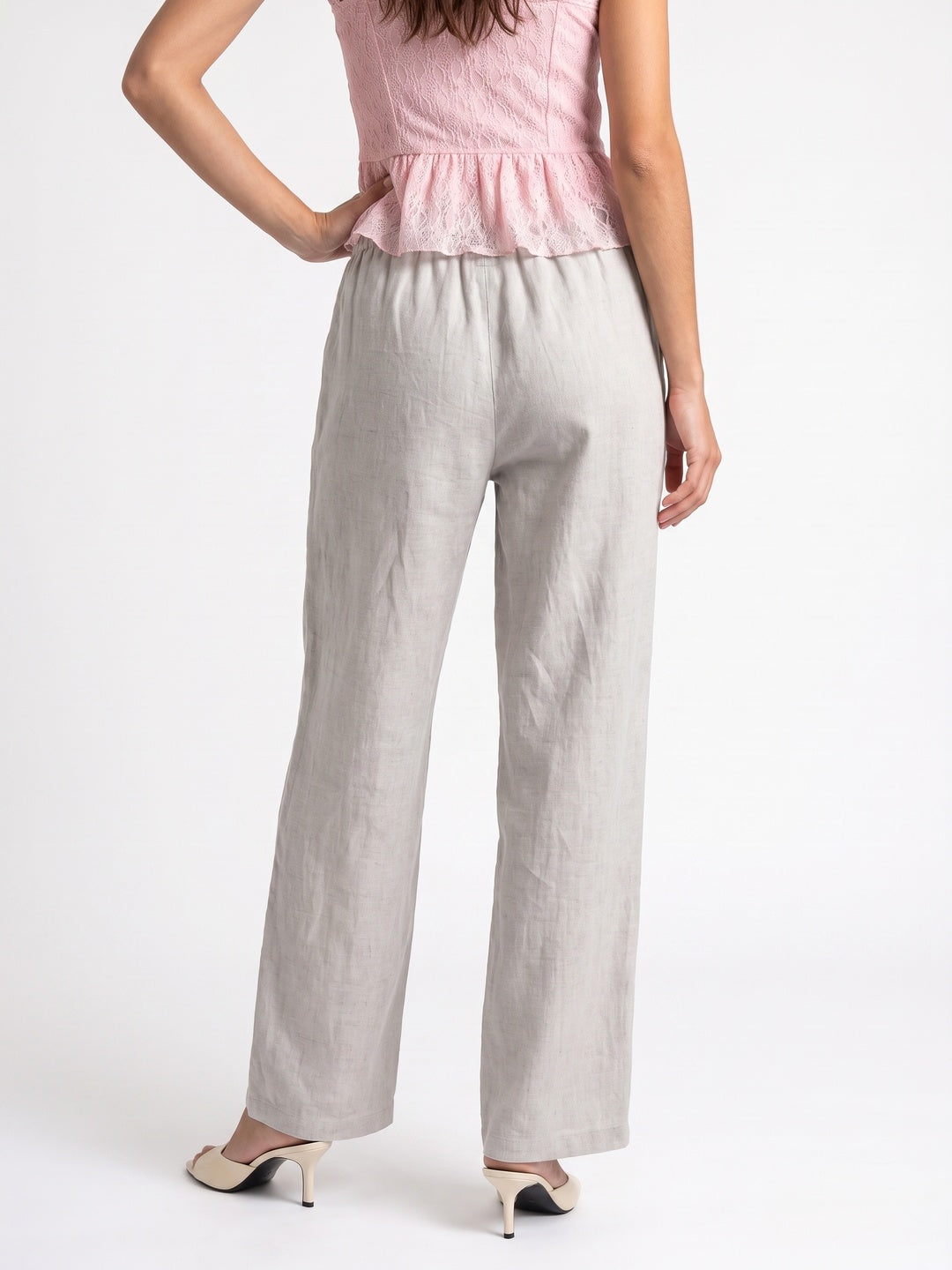 Women's Off White Loose Fit Solid Linen Trousers with Drawstring Closure