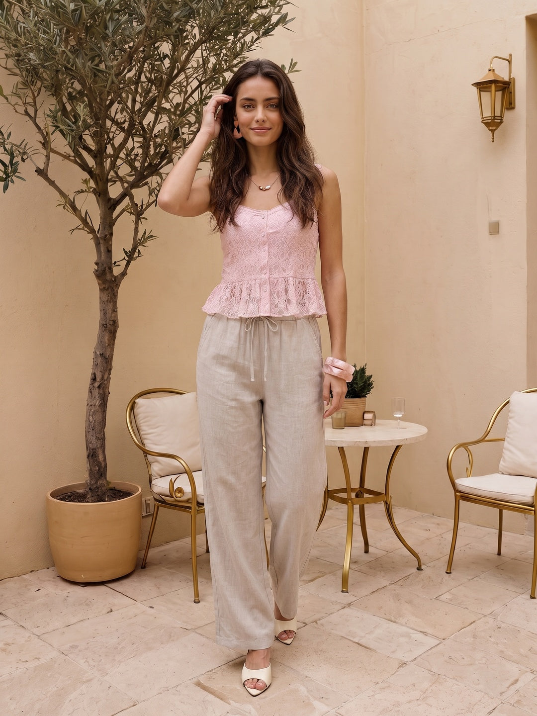 Women's Off White Loose Fit Solid Linen Trousers with Drawstring Closure
