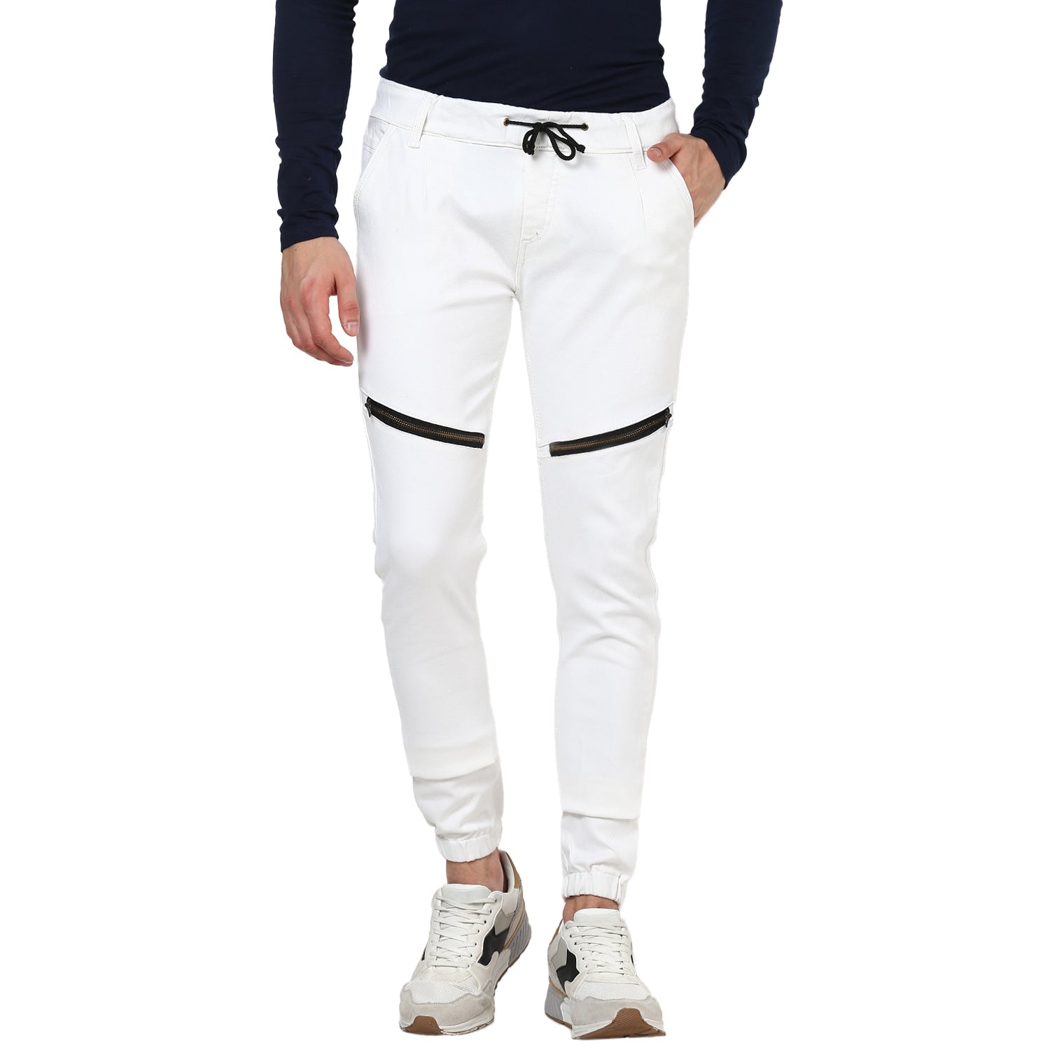 Urbano Fashion Men's White Slim Fit Zippered Jogger Jeans Stretch