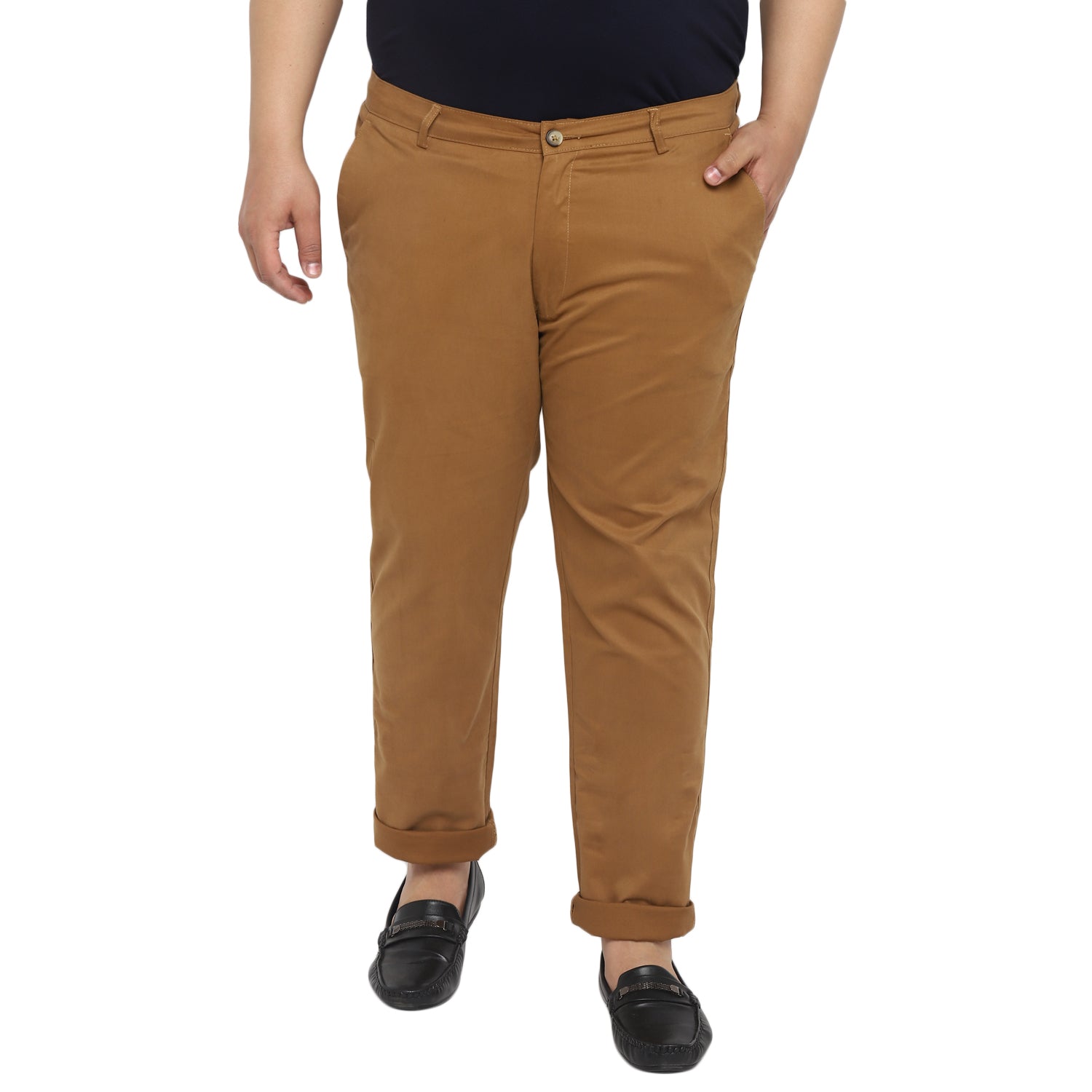 Men's Dark Khaki Cotton Regular Fit Casual Chinos Trousers Stretch