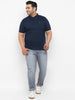 Men's Navy Blue Solid Mandarin Collar Regular Fit Cotton T-Shirt