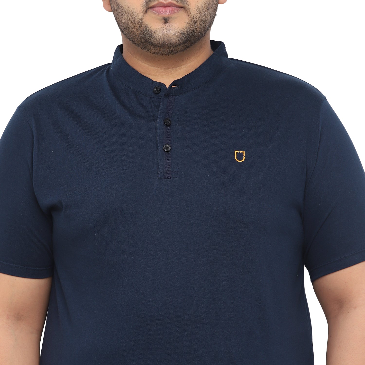 Men's Navy Blue Solid Mandarin Collar Regular Fit Cotton T-Shirt